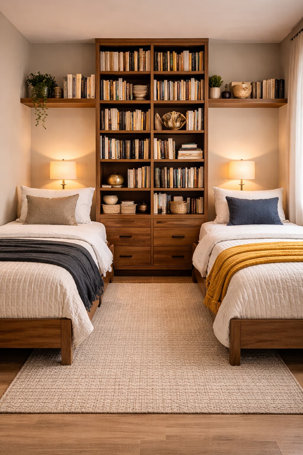 Vertical Bookshelves Between Beds