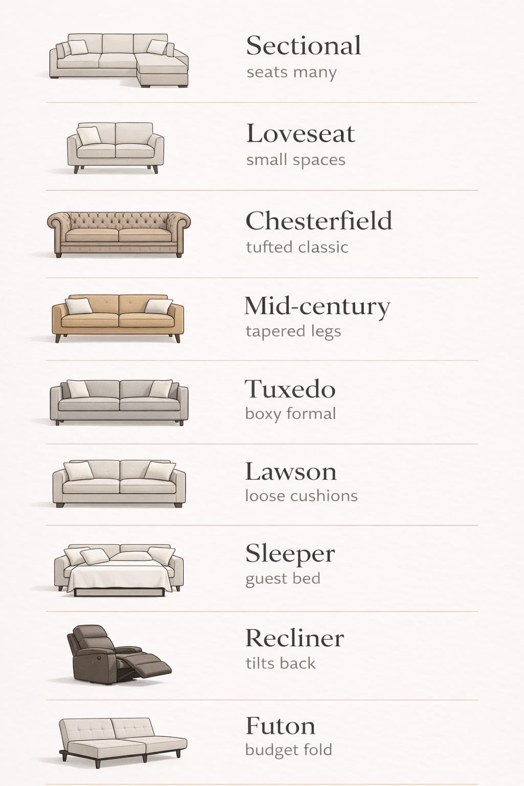 “Infographic showing icons of the main sofa and couch types with short notes for each.”