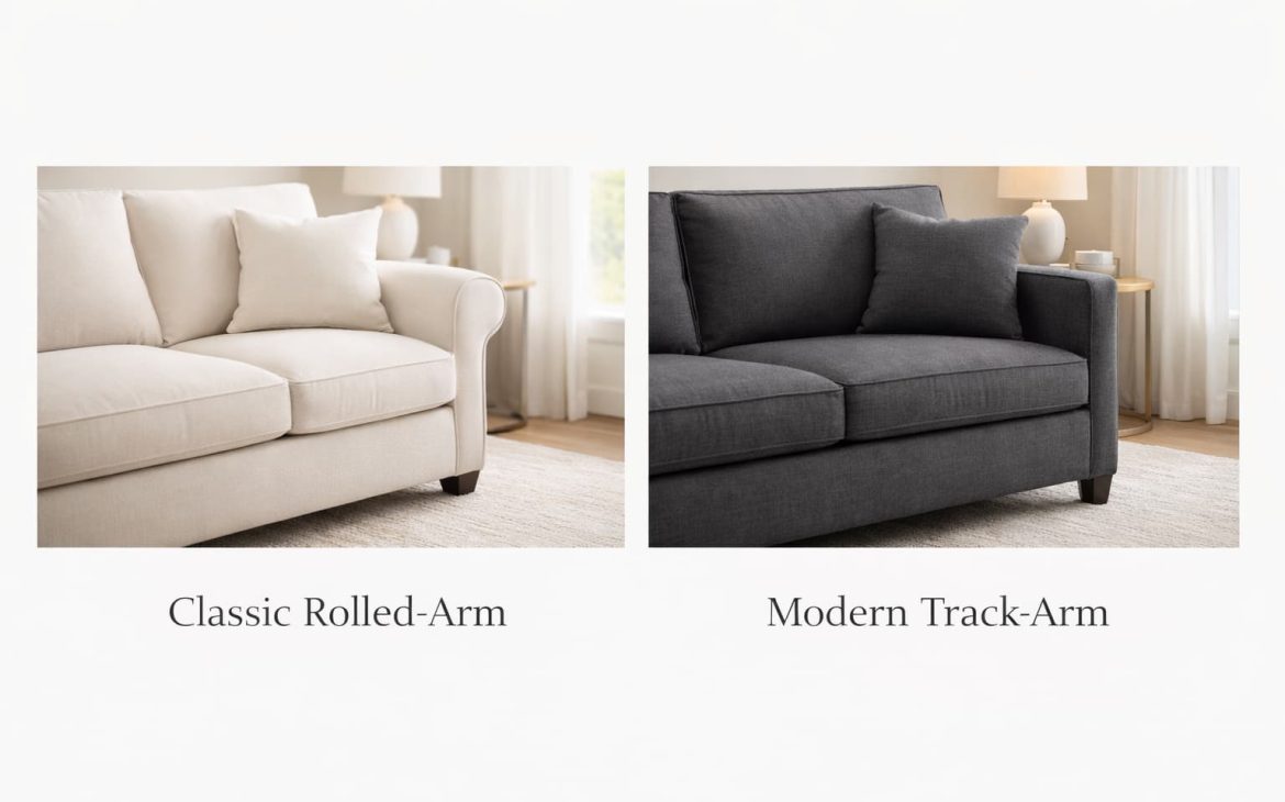 Side-by-side comparison of a rolled-arm sofa and a modern track-arm sofa in neutral fabrics.