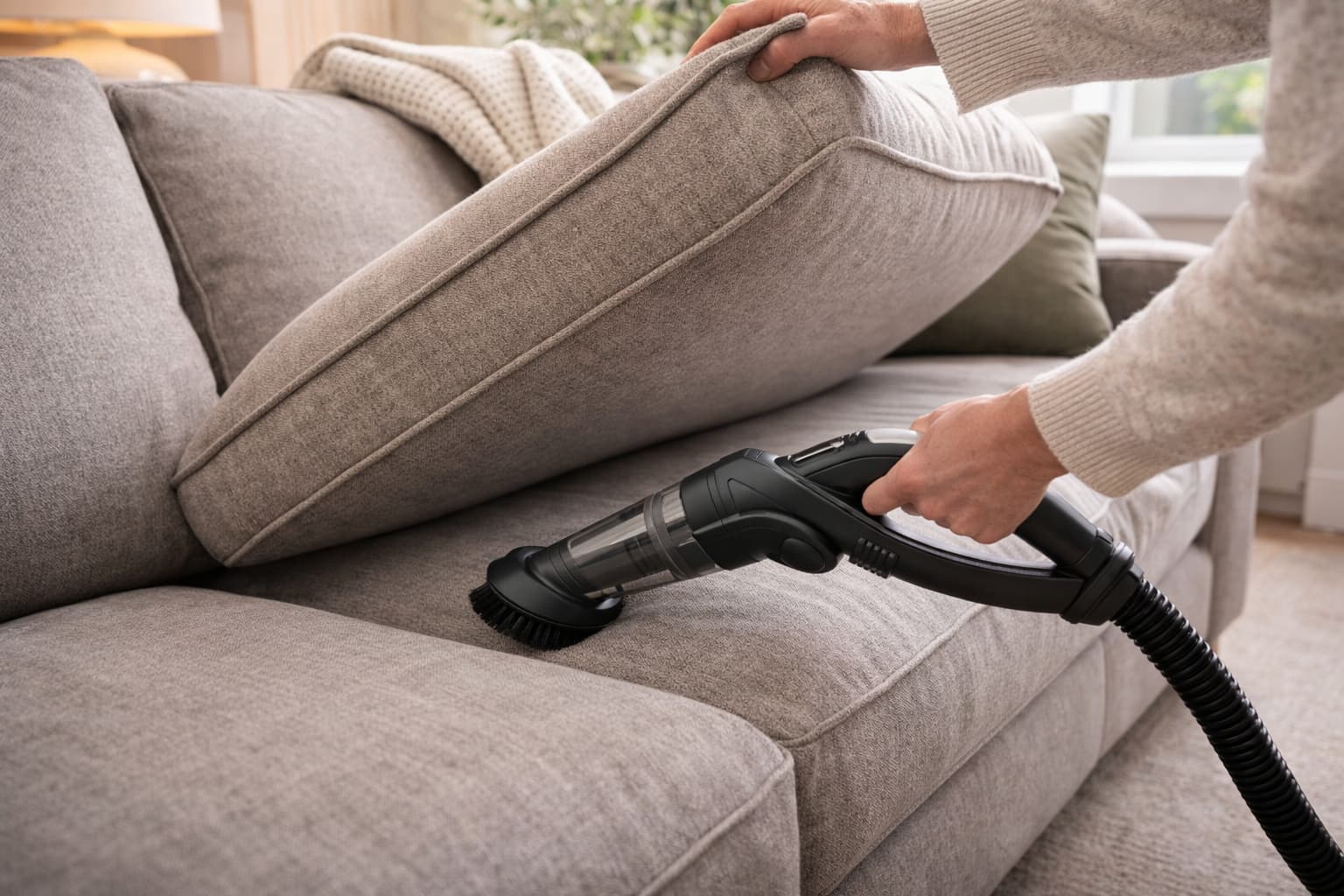 “Person vacuuming the creases of a light-colored sofa with a soft brush attachment.”