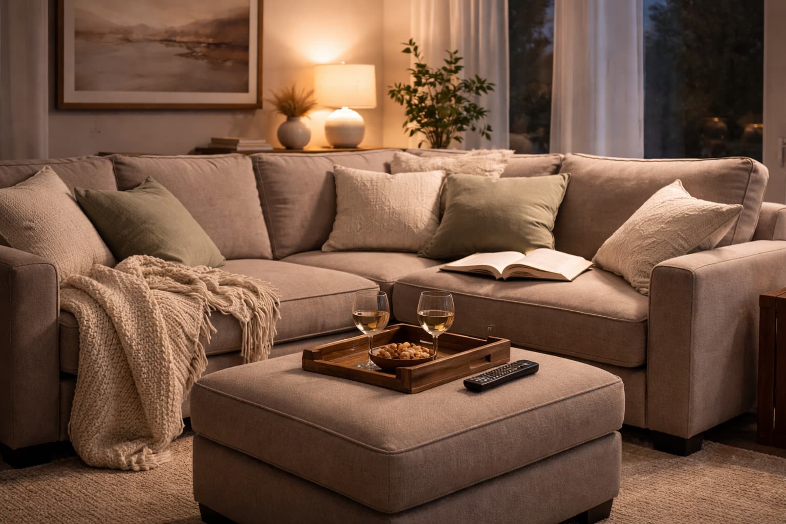 Modern media room with a deep sectional sofa facing a large screen, styled for movie night.