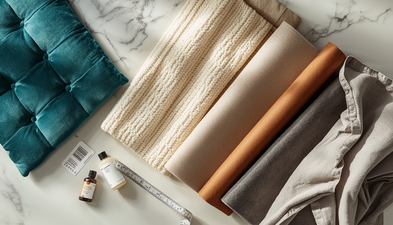 “Fabric swatches of velvet, bouclé, linen, leather, and performance textiles arranged on a neutral tabletop.”