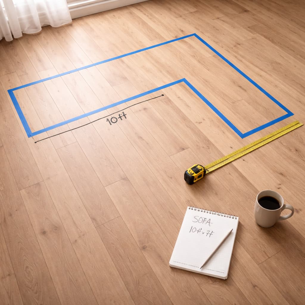 “Living room floor with painter’s tape outlining a future sofa footprint next to a measuring tape.”
