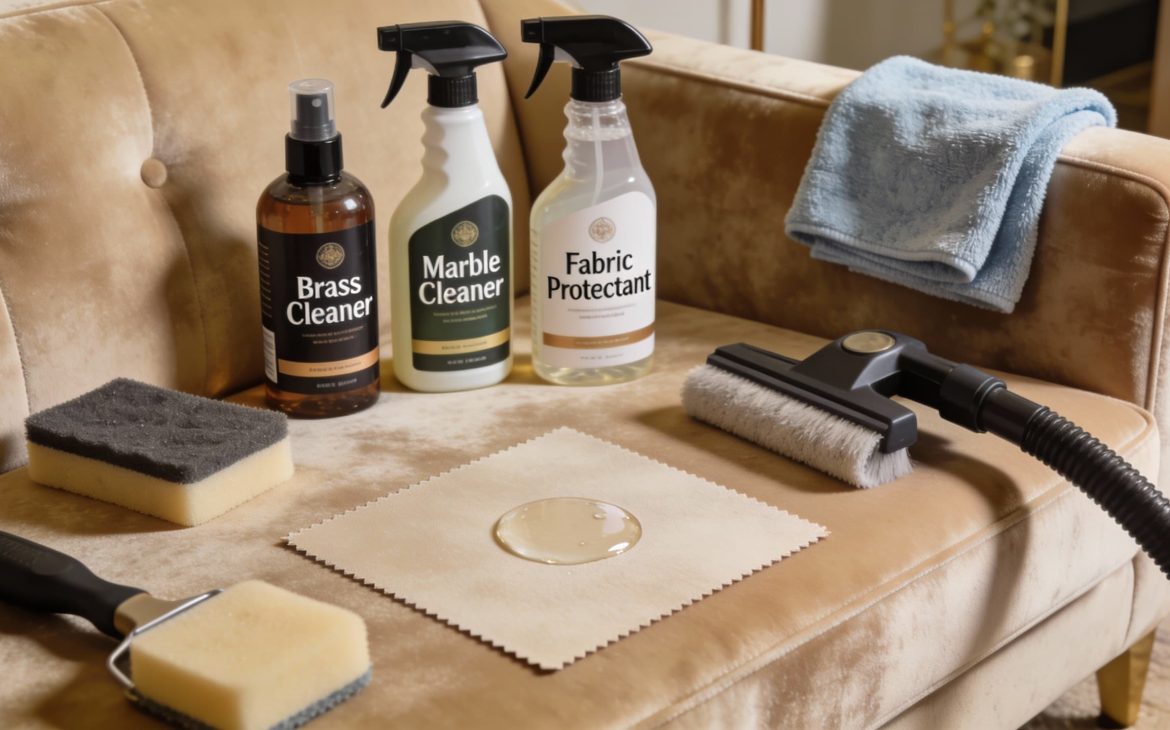 Professional furniture care supplies for luxury materials like velvet, marble, and brass