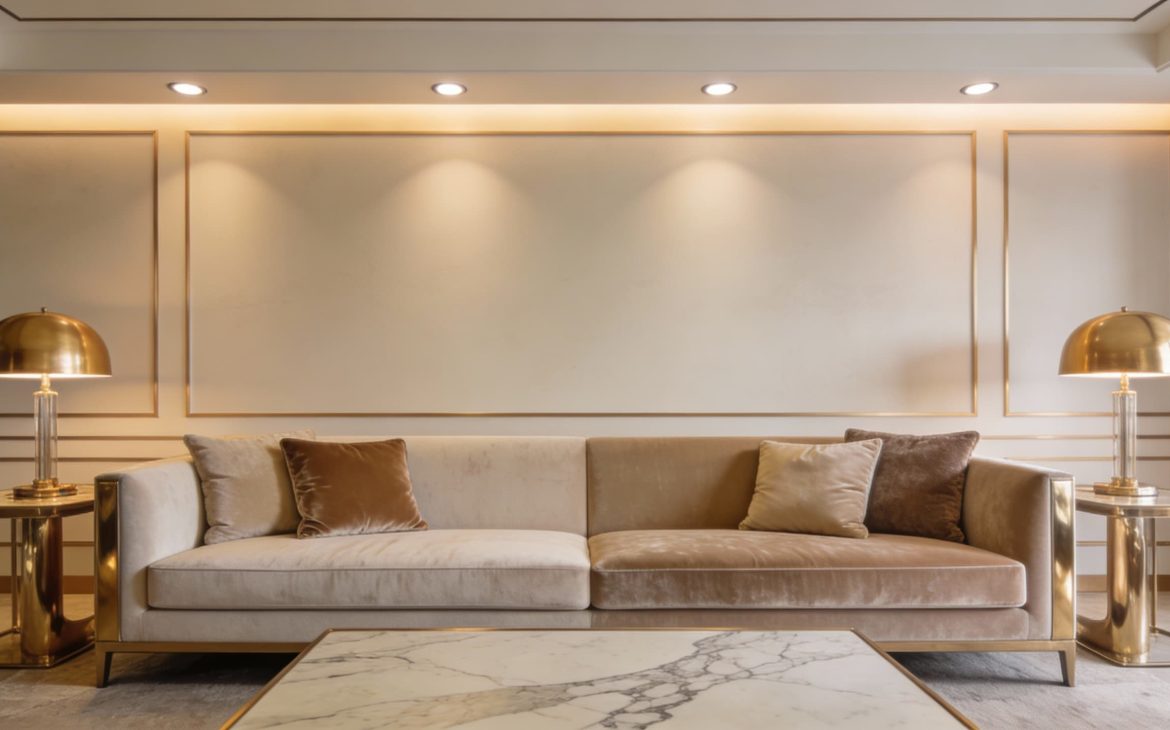 Luxury designer furniture showroom with premium sofa and decor
