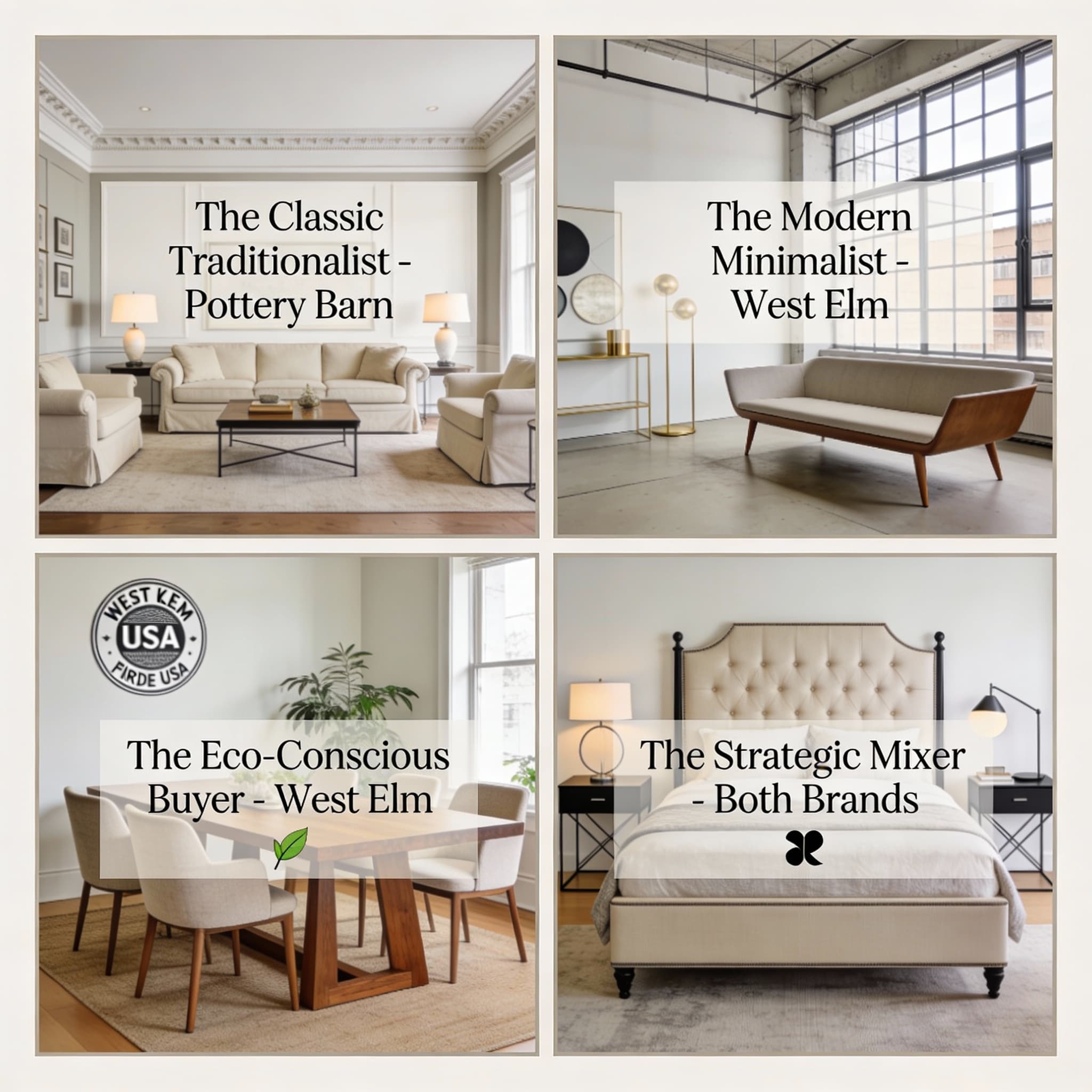 Four room styles showing Pottery Barn traditional buyer, West Elm modern buyer, West Elm eco-conscious buyer, and mixed-brand strategic buyer personas