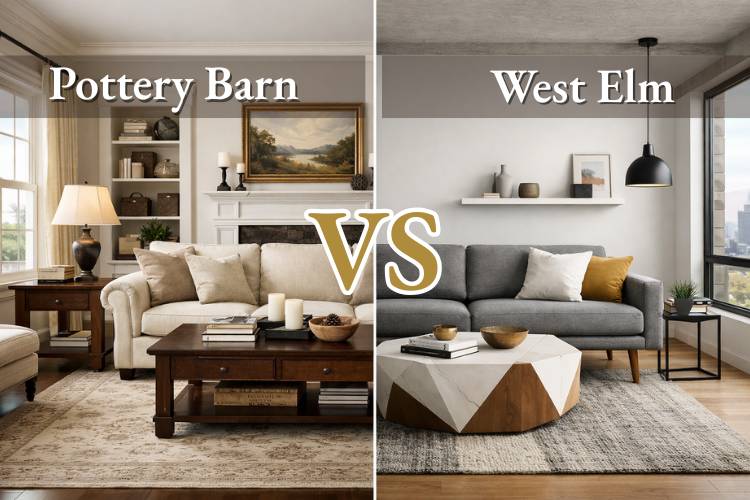 Side-by-side comparison of Pottery Barn traditional living room with deep sofa and classic decor versus West Elm modern living room with mid-century furniture and minimalist style