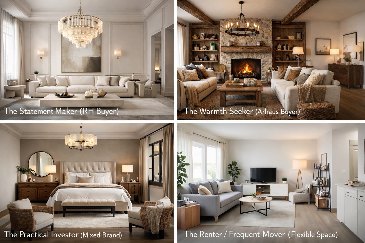 Four styled rooms representing RH statement buyer, Arhaus warmth seeker, mixed-brand investor, and renter or frequent mover.