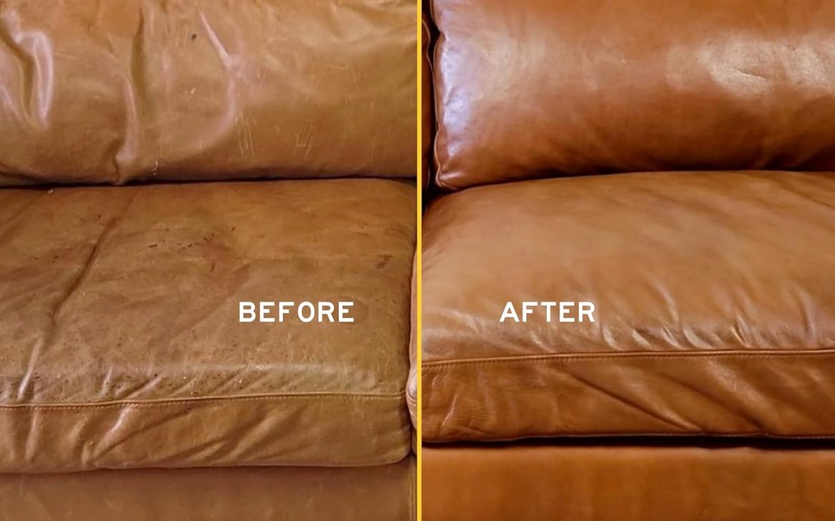 Split view: cracked dry leather couch before vs smooth after treatment.
