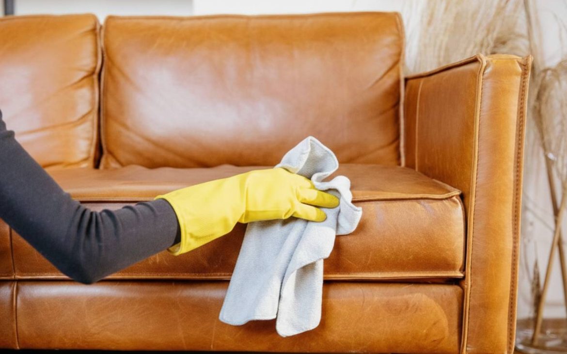 Brown leather sofa daily dusting with soft brush in cozy living room.