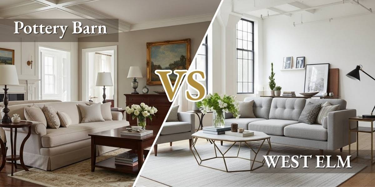 Pottery Barn vs West Elm comparison table showing price, style, delivery time, and sustainability differences