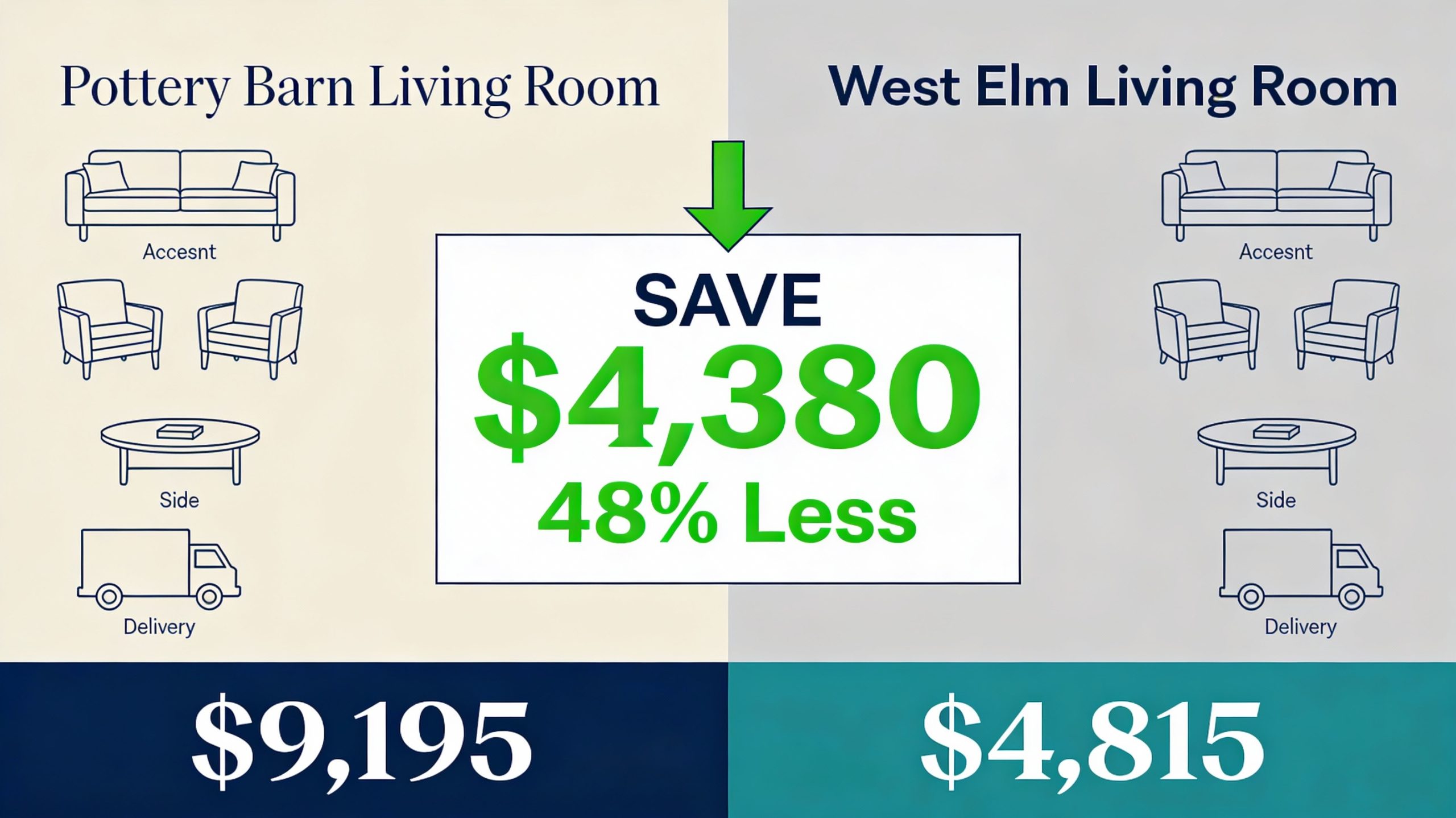 Price comparison infographic showing Pottery Barn living room costs $9,195 versus West Elm living room at $4,815 saving $4,380

