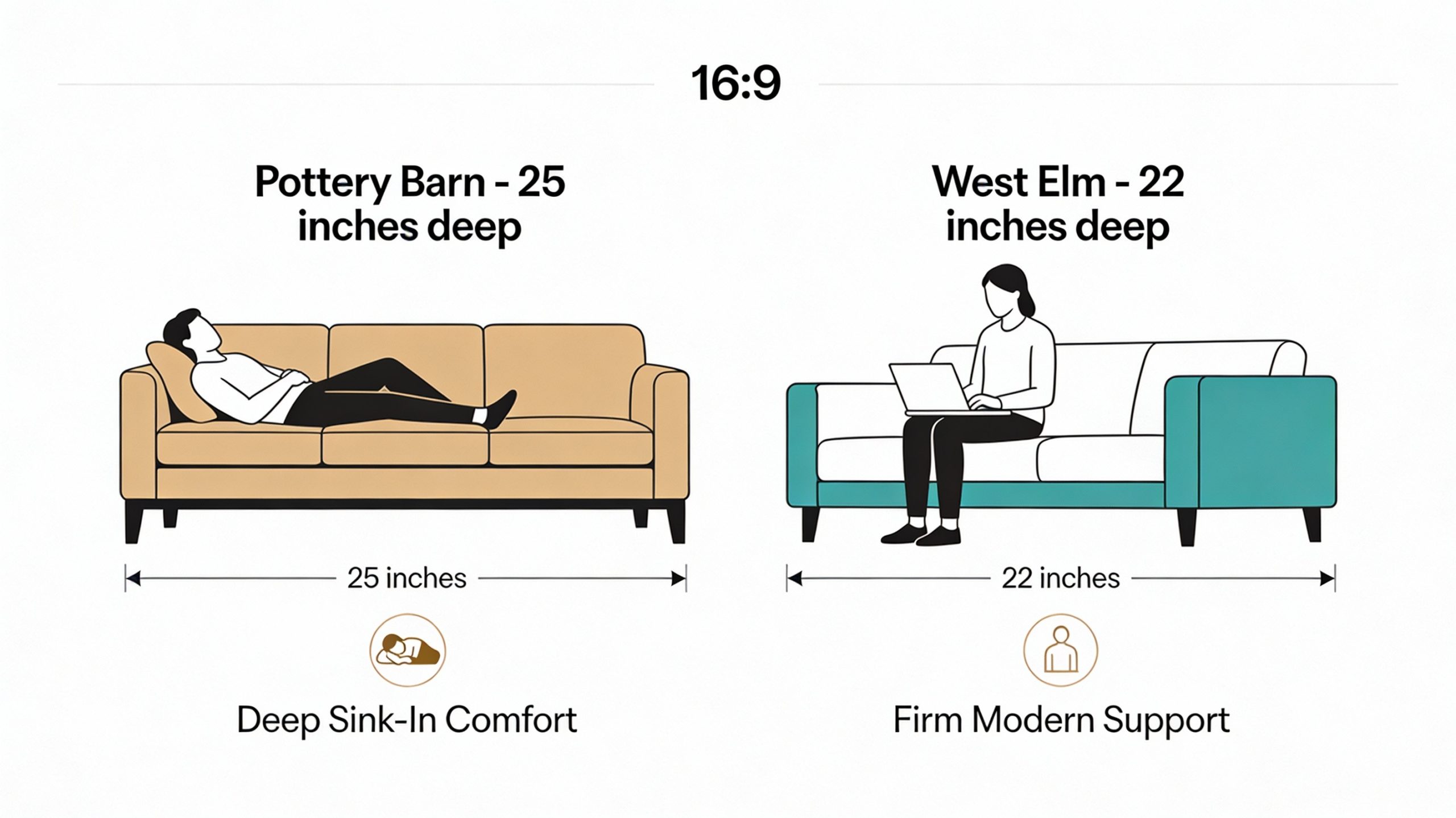 Diagram comparing Pottery Barn 25-inch sofa seat depth versus West Elm 22-inch seat depth with human figures showing comfort differences
