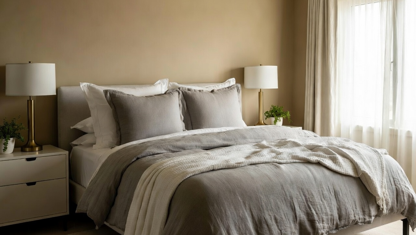 Close-up of white queen bed with gray bedding in modern bedroom with white nightstands