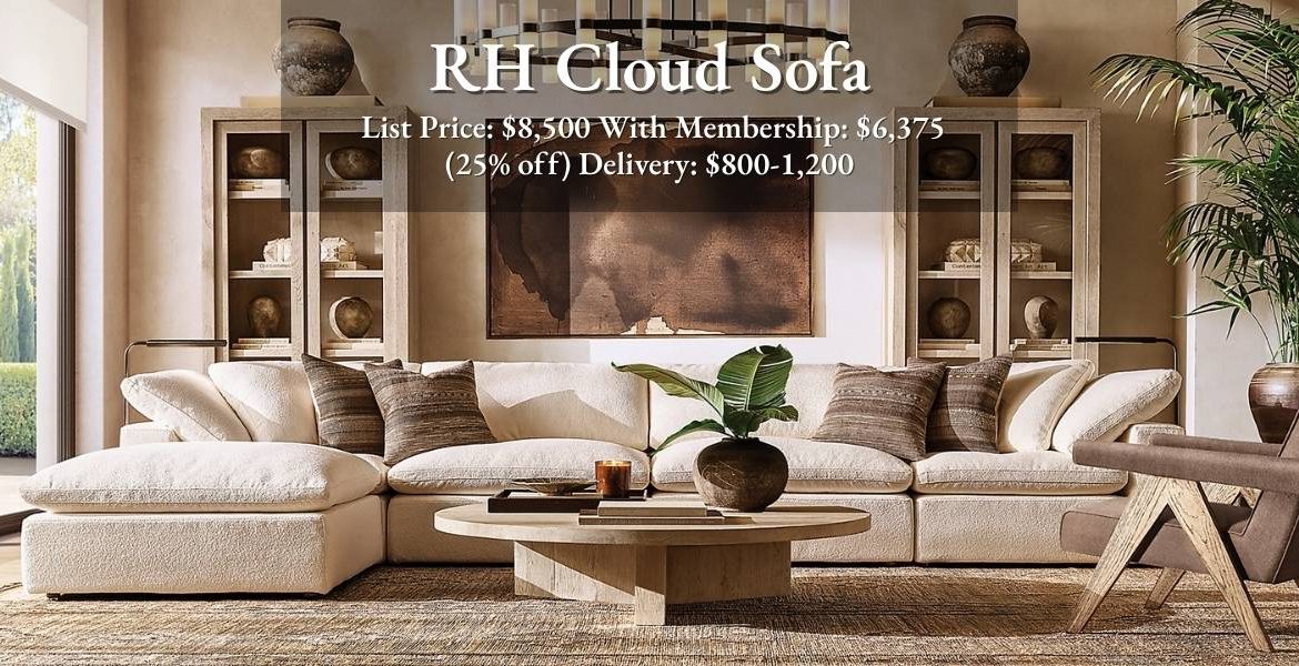 RH-style Cloud sofa with overlay text showing list price, membership discount, and delivery cost.