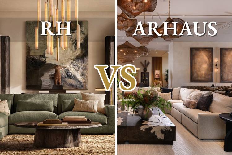 RH Restoration Hardware gallery showroom on left with modern minimal white aesthetic versus Arhaus showroom on right with warm wood tones and collected home feel