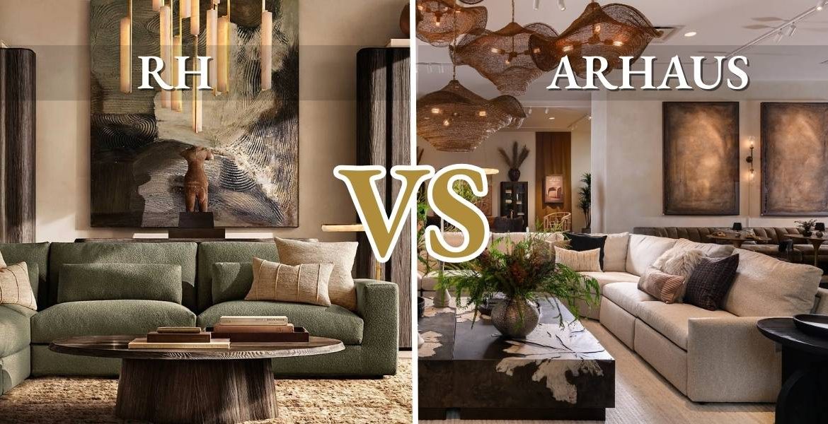 RH Restoration Hardware gallery showroom on left with modern minimal white aesthetic versus Arhaus showroom on right with warm wood tones and collected home feel