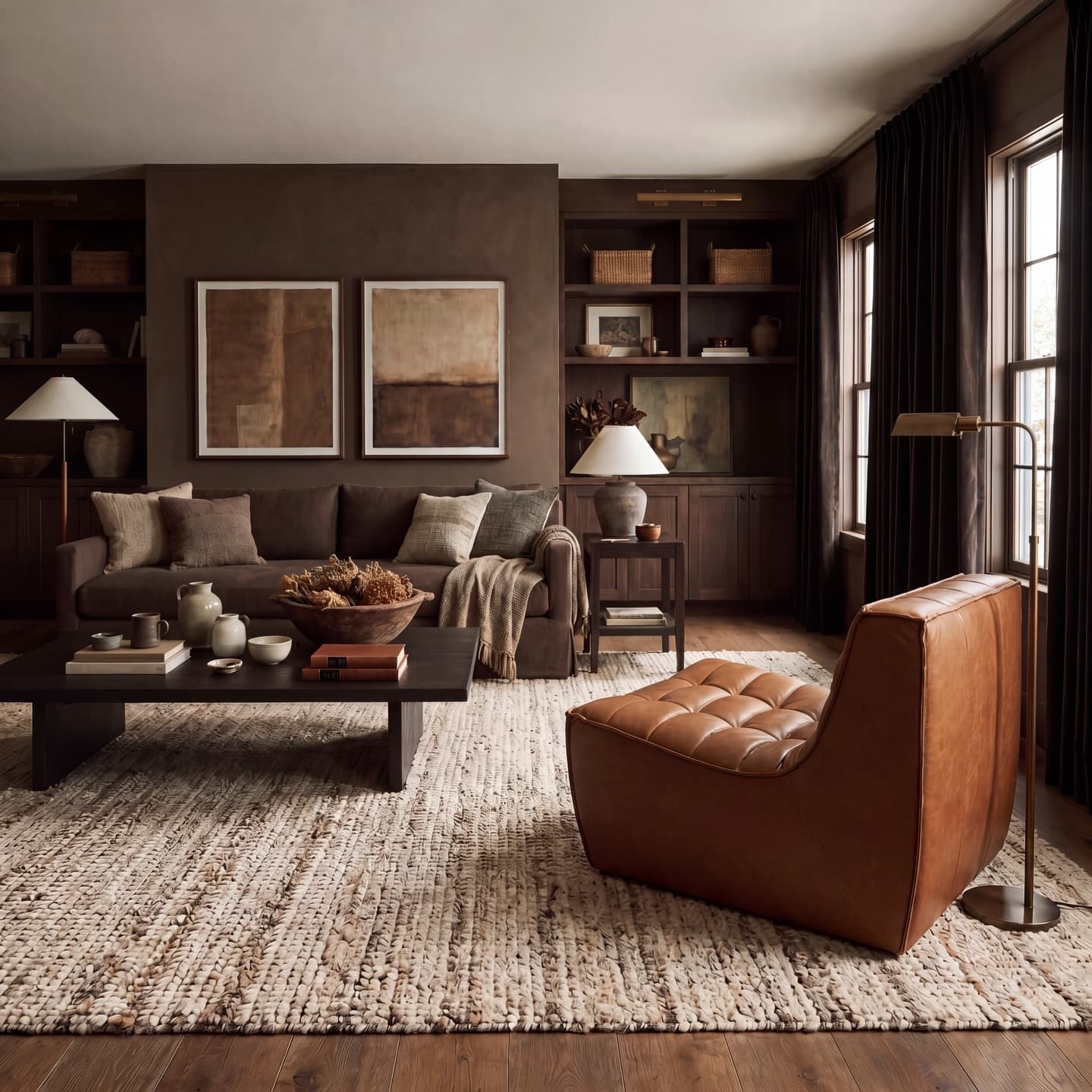 Moody living room with dark wood furniture.