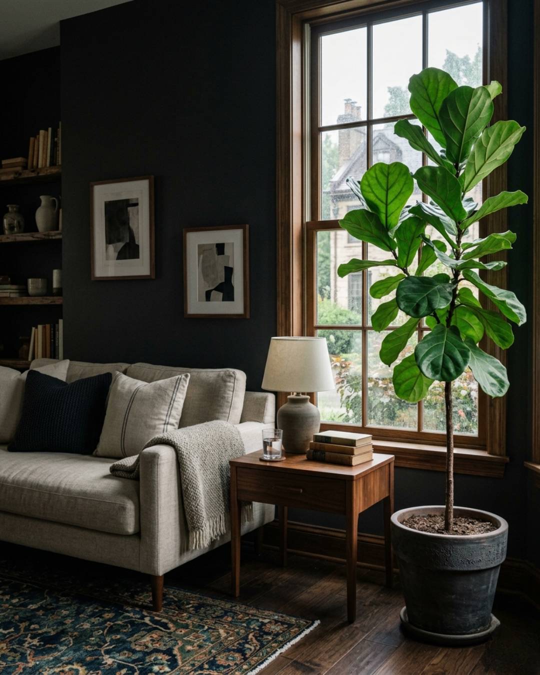 Moody living room with indoor plant.