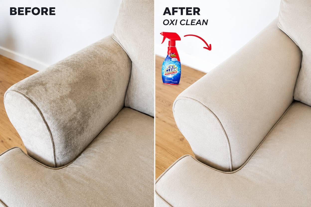 Before and after view of a grey fabric sofa being cleaned with an upholstery cleaner, showing the dirty side and the refreshed clean side.