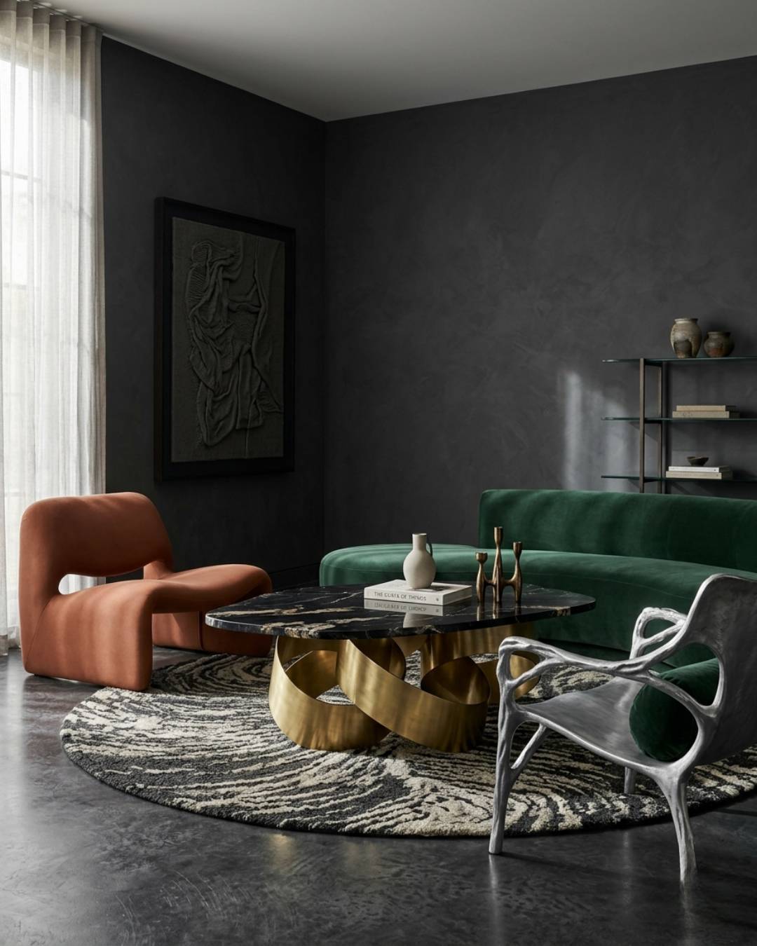 Living room with sculptural furniture.