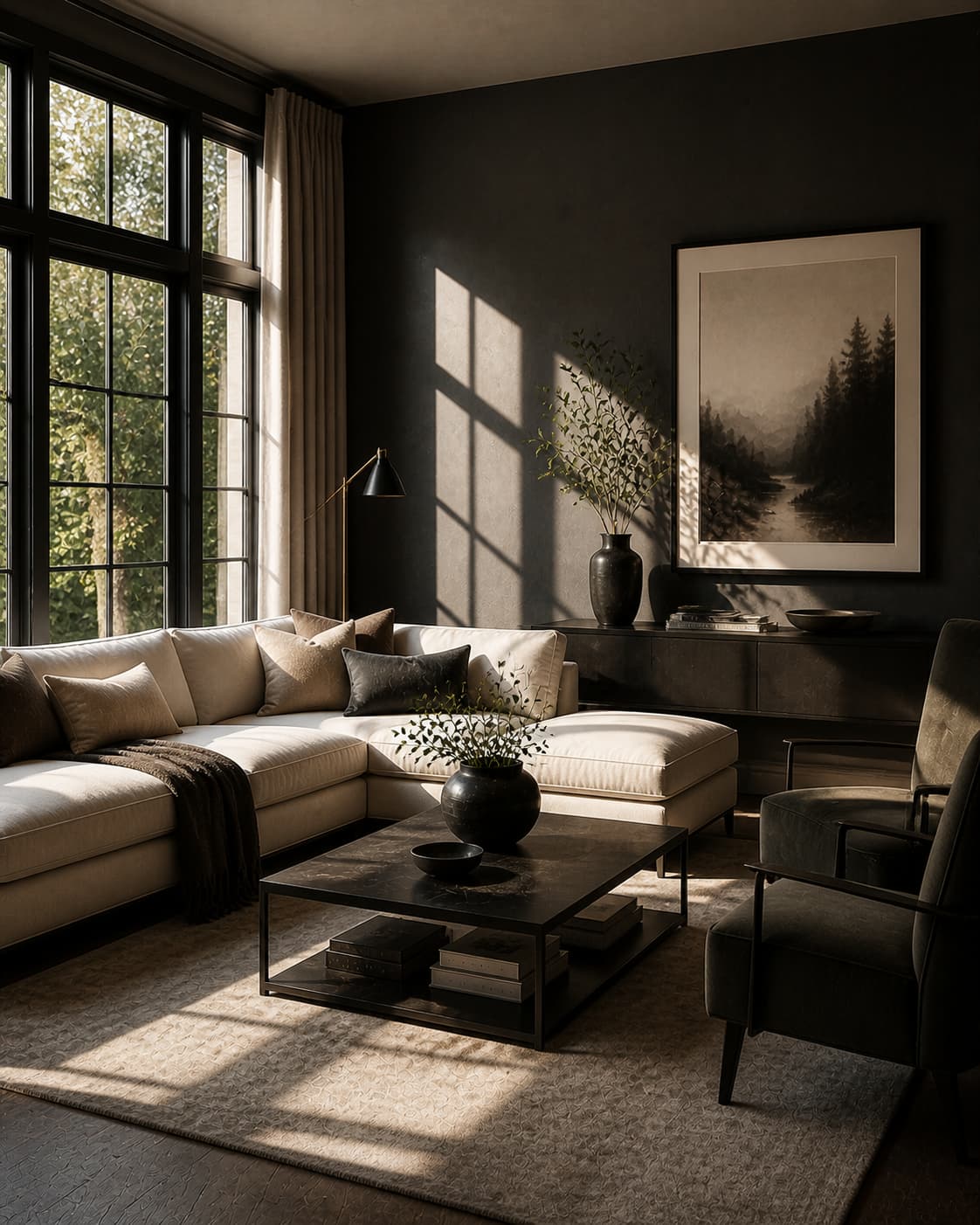 Living room with matte dark finishes.