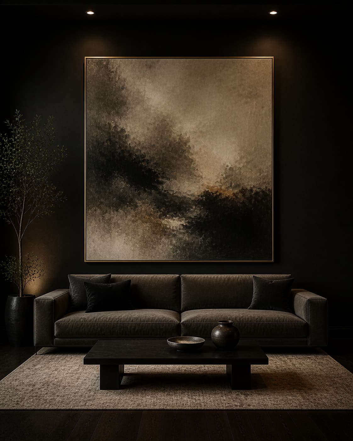 Moody living room with oversized art.