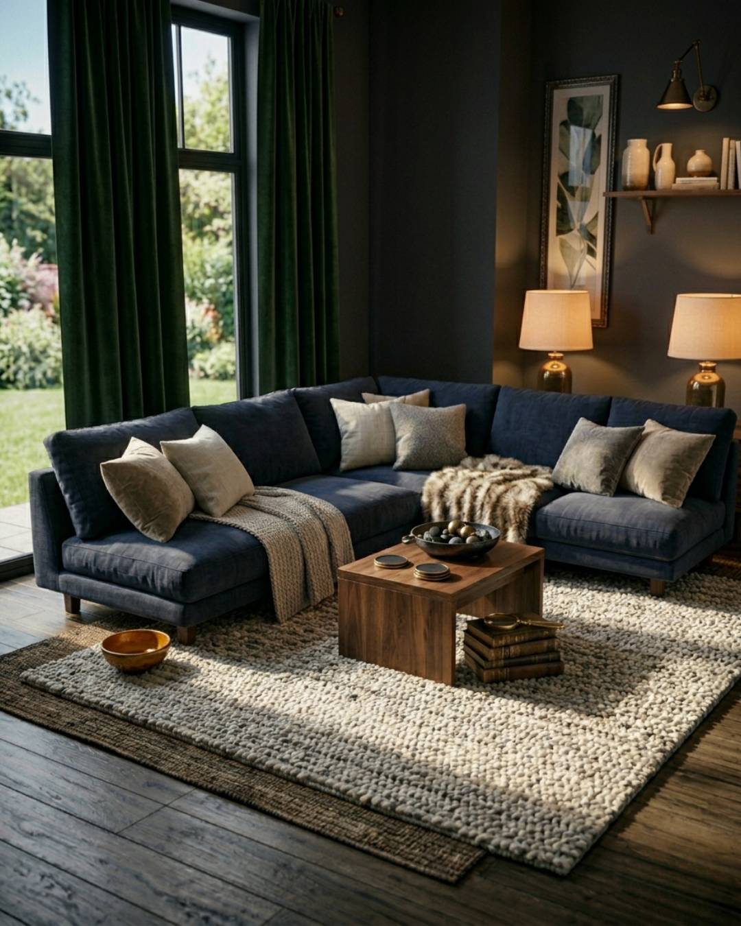 Moody living room with textured rug