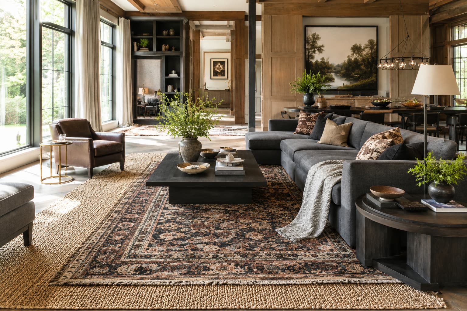 Moody living room with layered rugs.