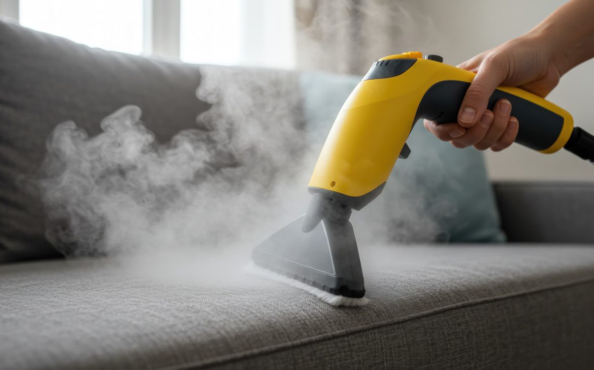 A person uses a steam vacuum tool to clean a gray sofa cushion, removing dirt and soapy residue from the fabric.