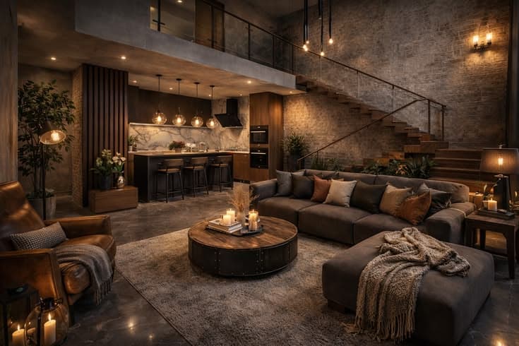 Warm living room with candles and lamps.
