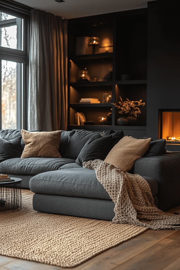 Dark living room with cozy throws.
