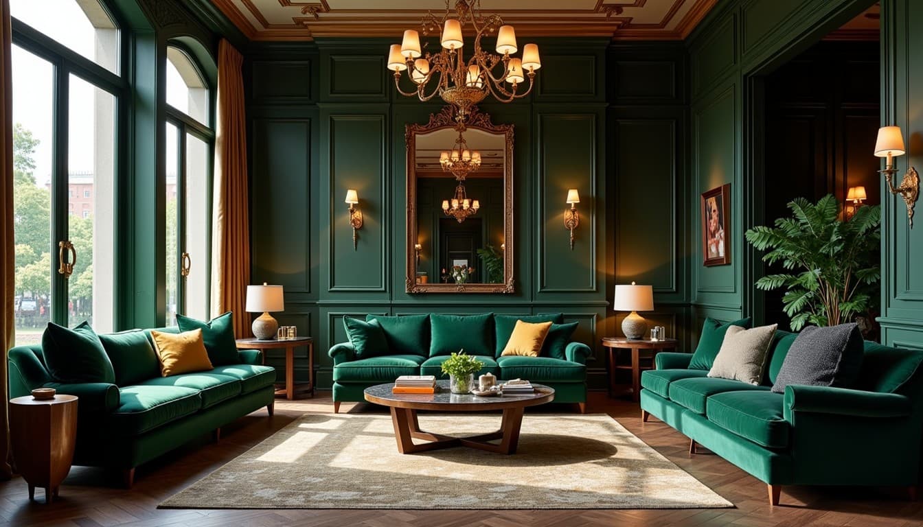 Moody living room with framed mirror.