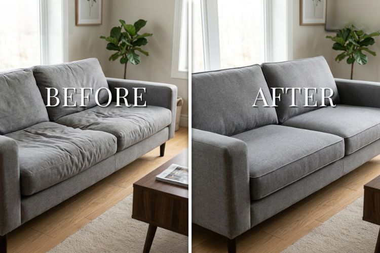 How to fix sagging couch cushions tutorial showing before saggy cushions and after repair results