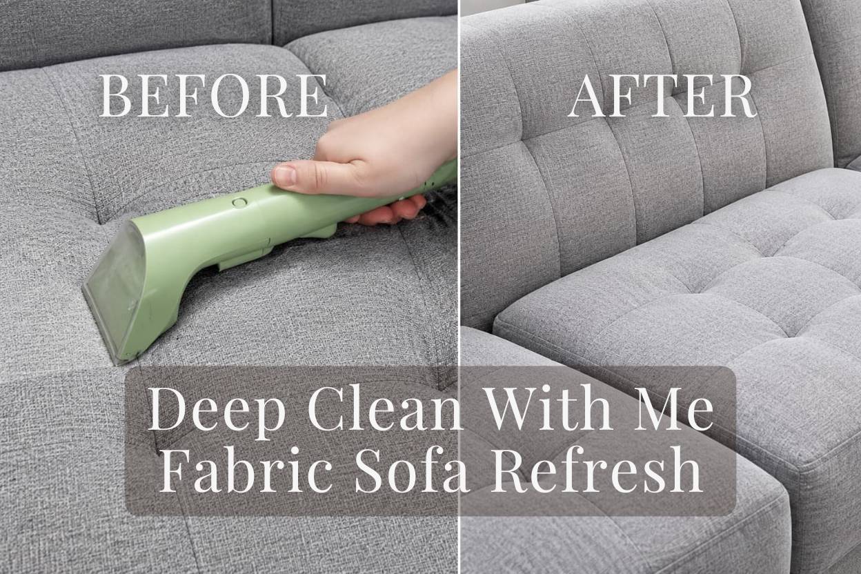 How to deep clean a couch with an upholstery cleaner, showing a before and after view of a grey fabric sofa with one side dirty and the other side fresh and clean.