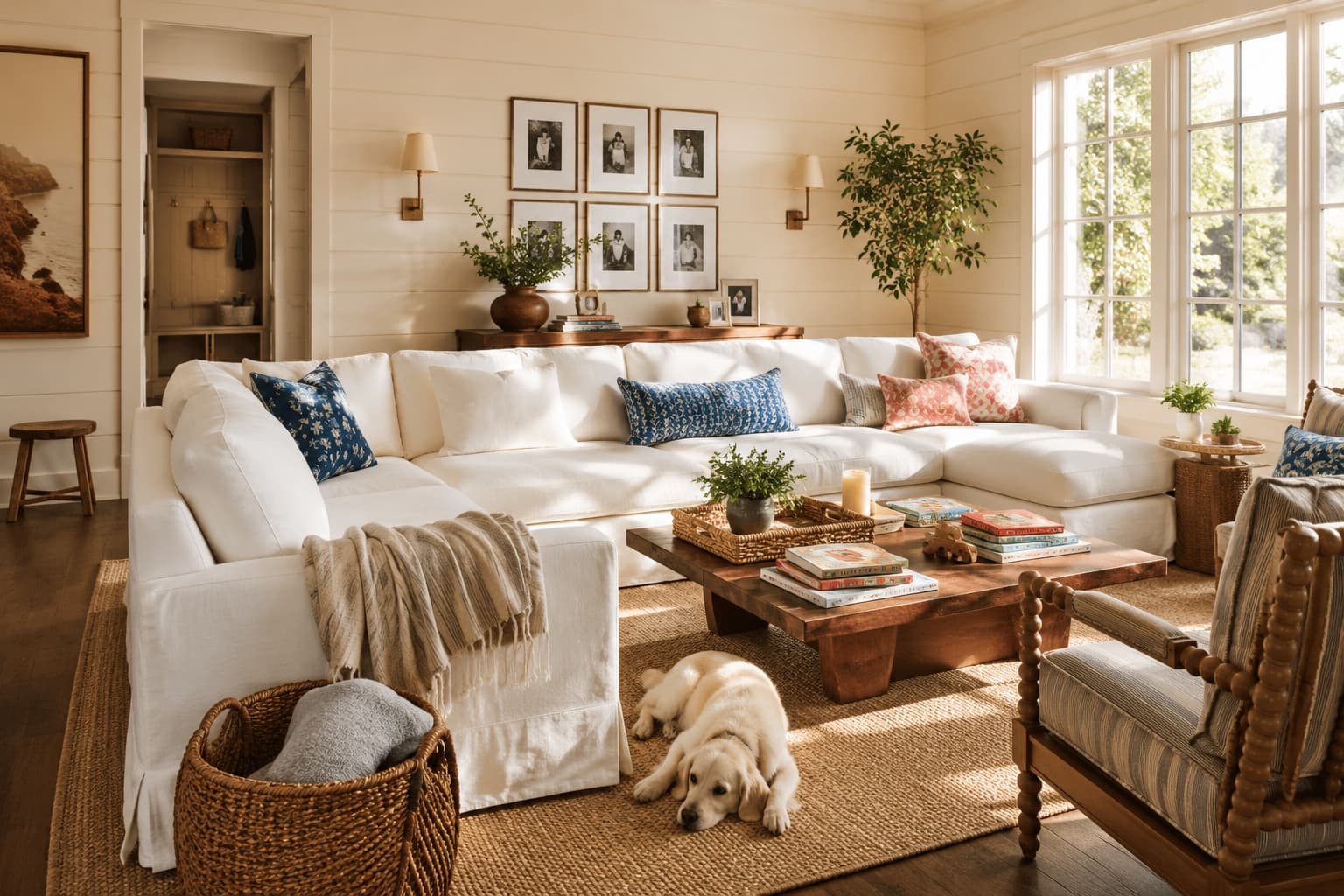 Cozy Pottery Barn coastal-inspired family living room