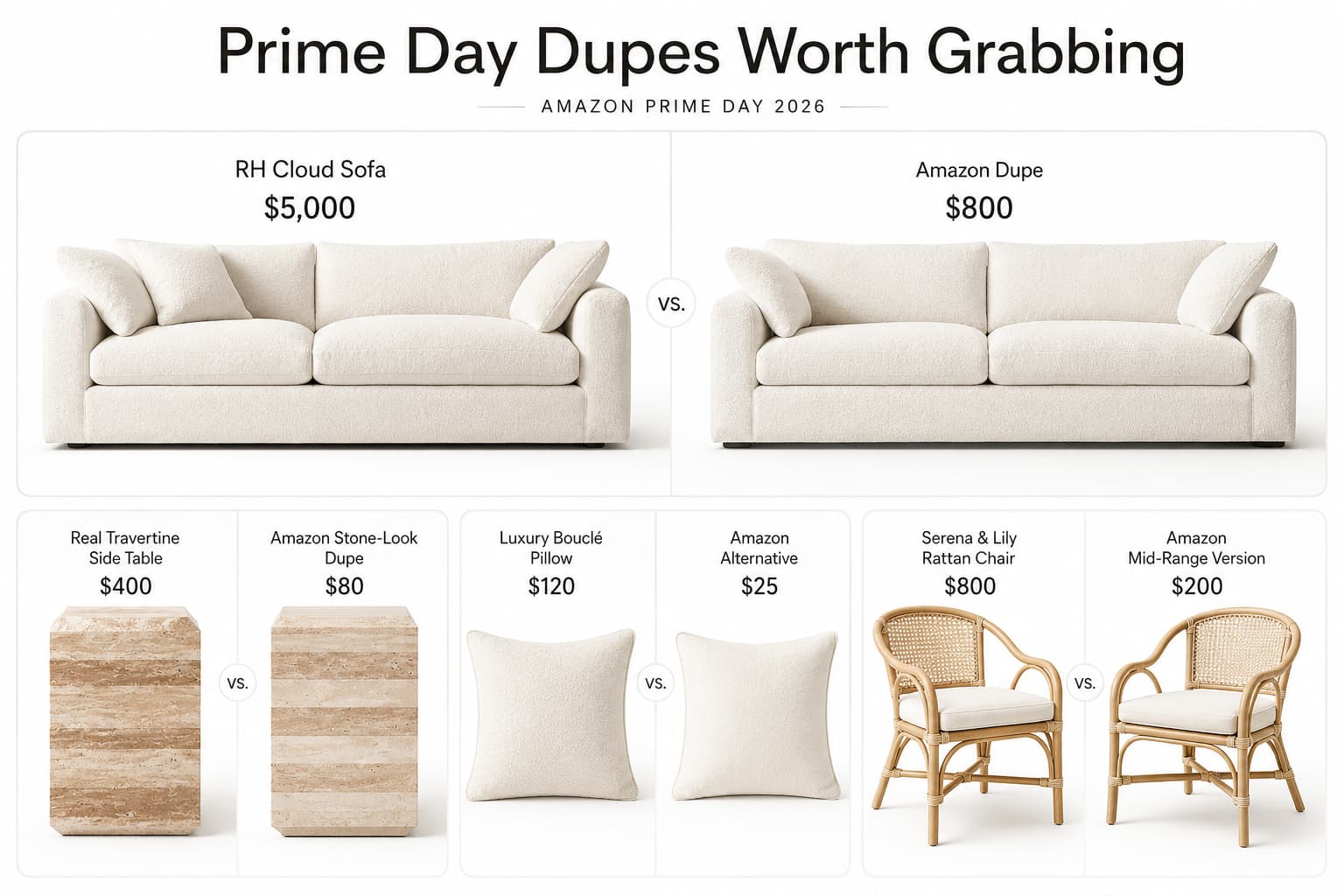 Amazon Prime Day designer dupe home decor finds 2026 — bouclé pillows, travertine tables, rattan chairs