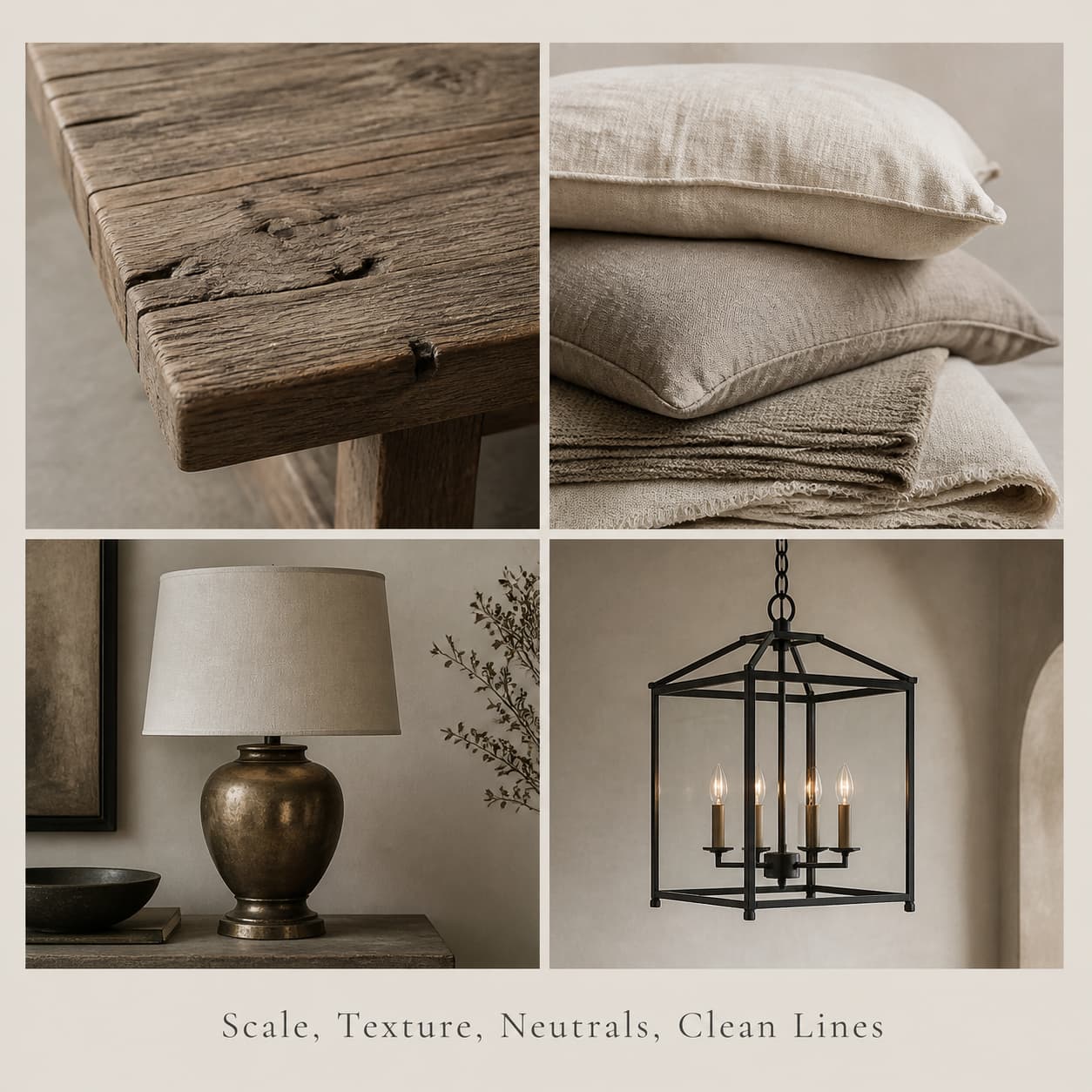 Flat‑lay collage showing a distressed wood tabletop, stacked neutral linen cushions and throws, an aged brass lamp with linen shade, and a matte black lantern chandelier on a soft beige background, labeled scale, texture, neutrals, and clean lines.