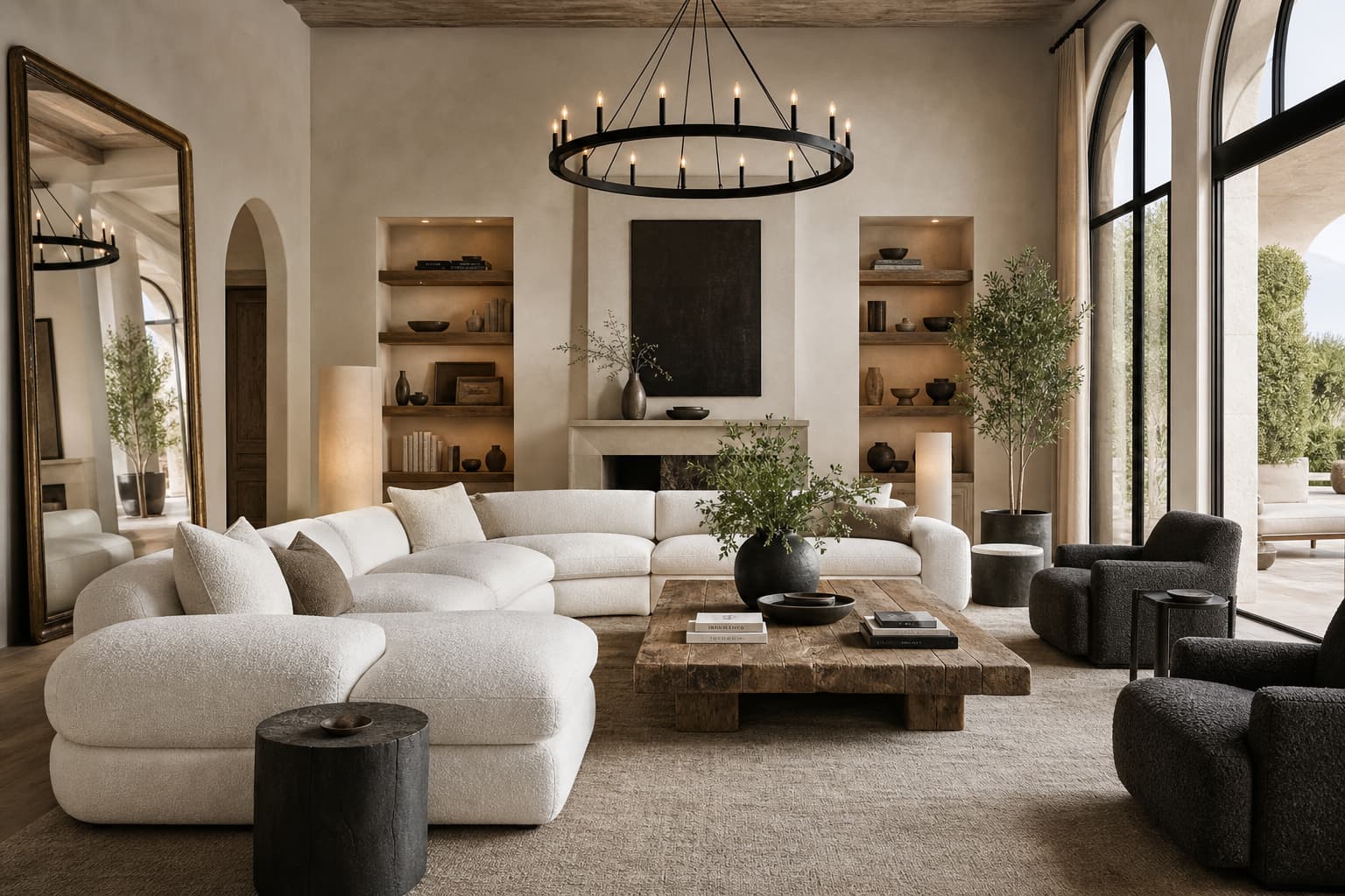 A bright, luxurious living room with a white cloud‑style sectional, chunky reclaimed wood coffee table, oversized antique‑brass floor mirror, and neutral cream and greige decor in soft natural light.