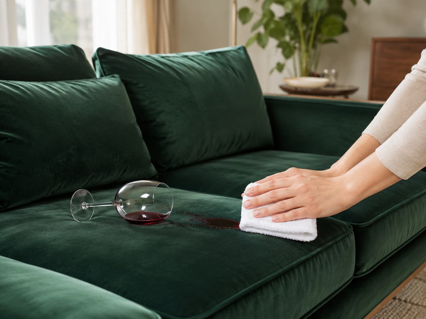 Hands blotting a red wine spill from an emerald-green velvet sofa with a white cloth.