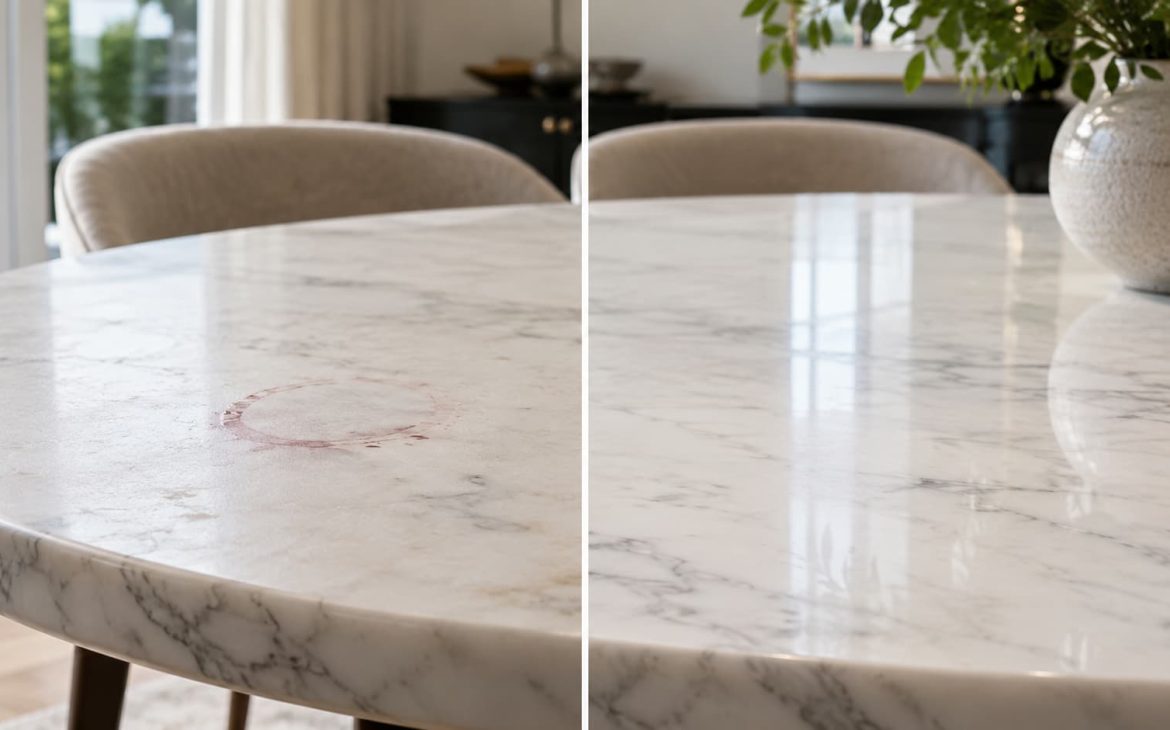 Split image showing a stained marble area versus a clean protected surface.