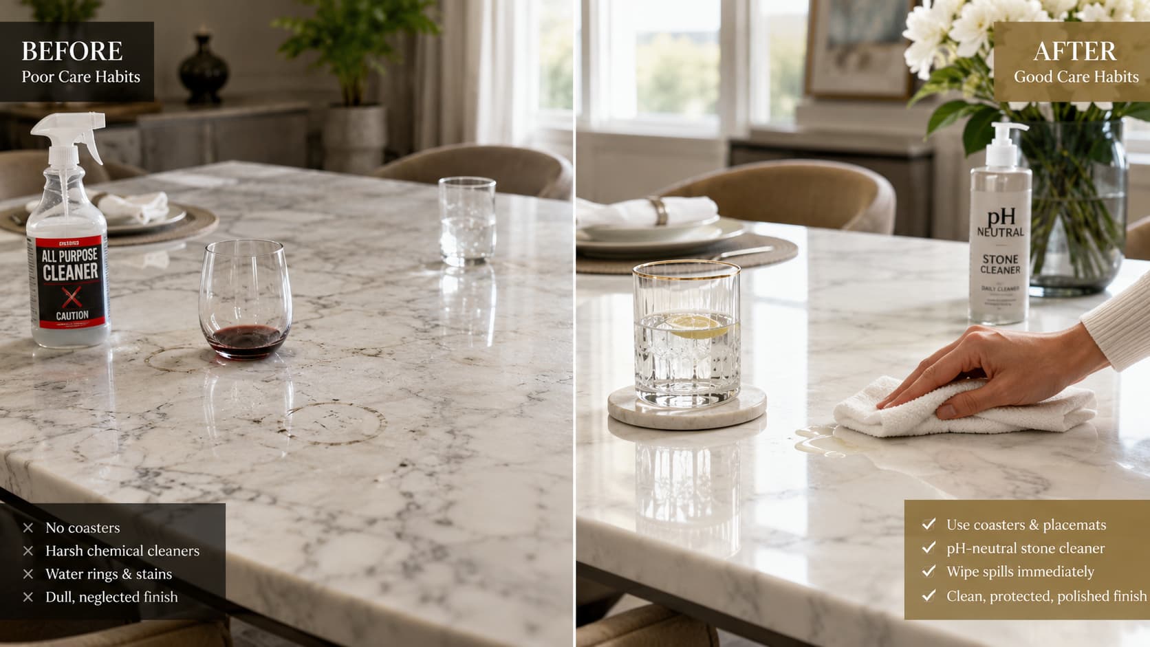 marble table care tips showing dos and don’ts for cleaning and stain prevention