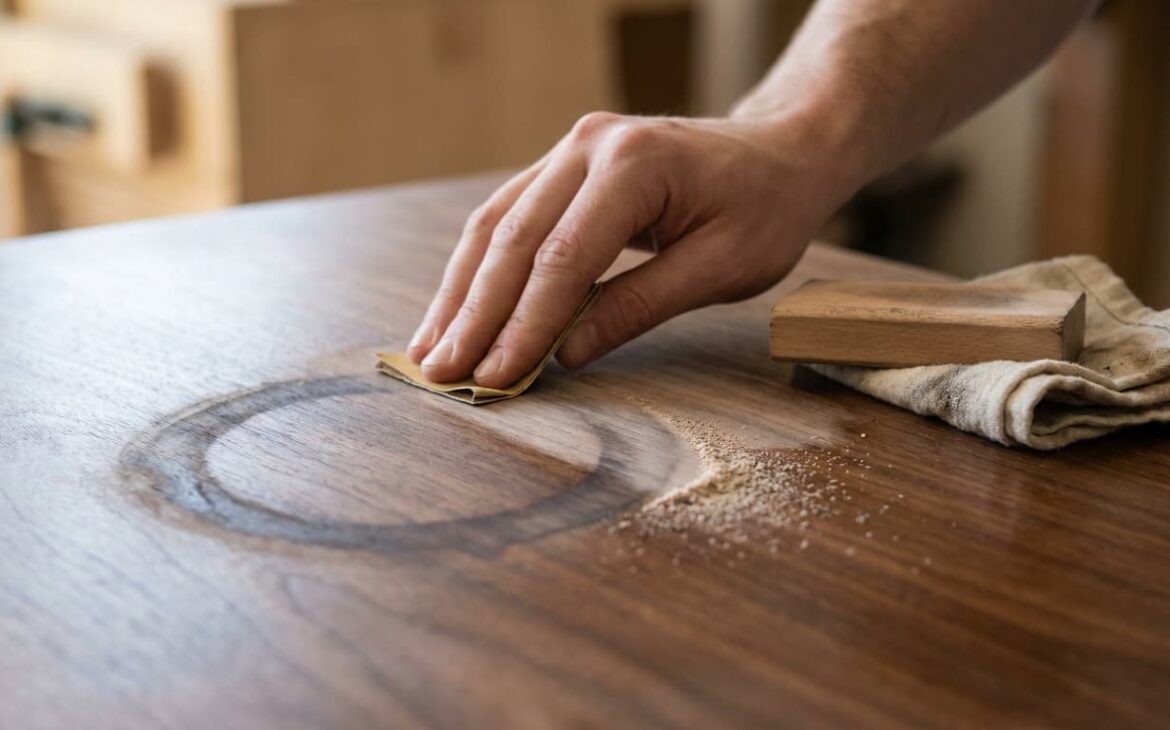Black water stain on a wood table being sanded before refinishing to remove the water ring