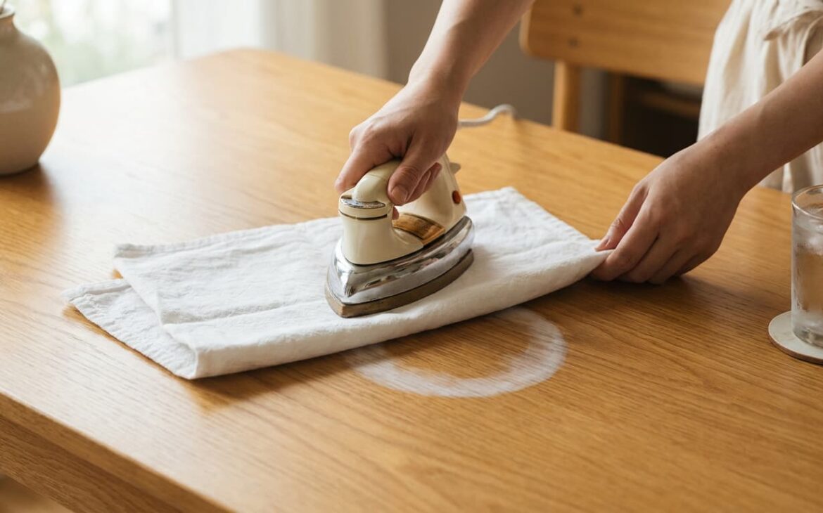 How to remove a water ring from a wood table using a low-heat iron over a dry cotton cloth 