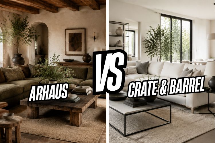 Side-by-side comparison of warm artisan furniture style and clean modern furniture style