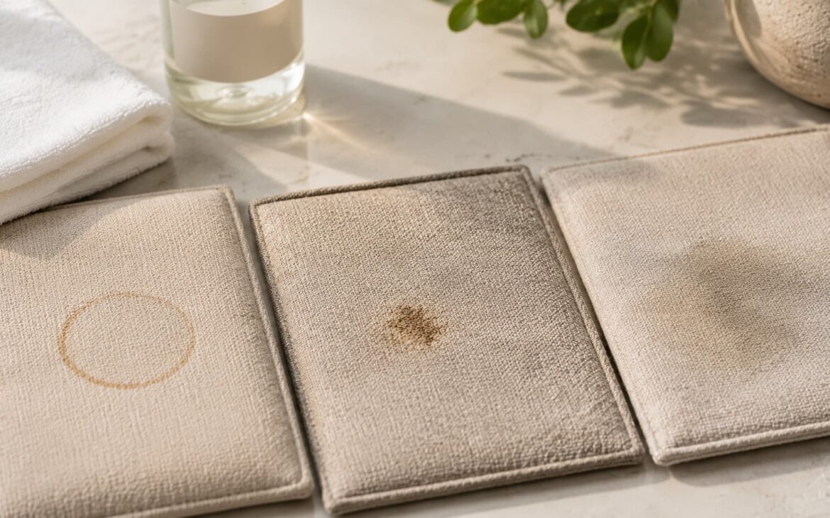 Old coffee, grease, and pet stains on upholstery fabric