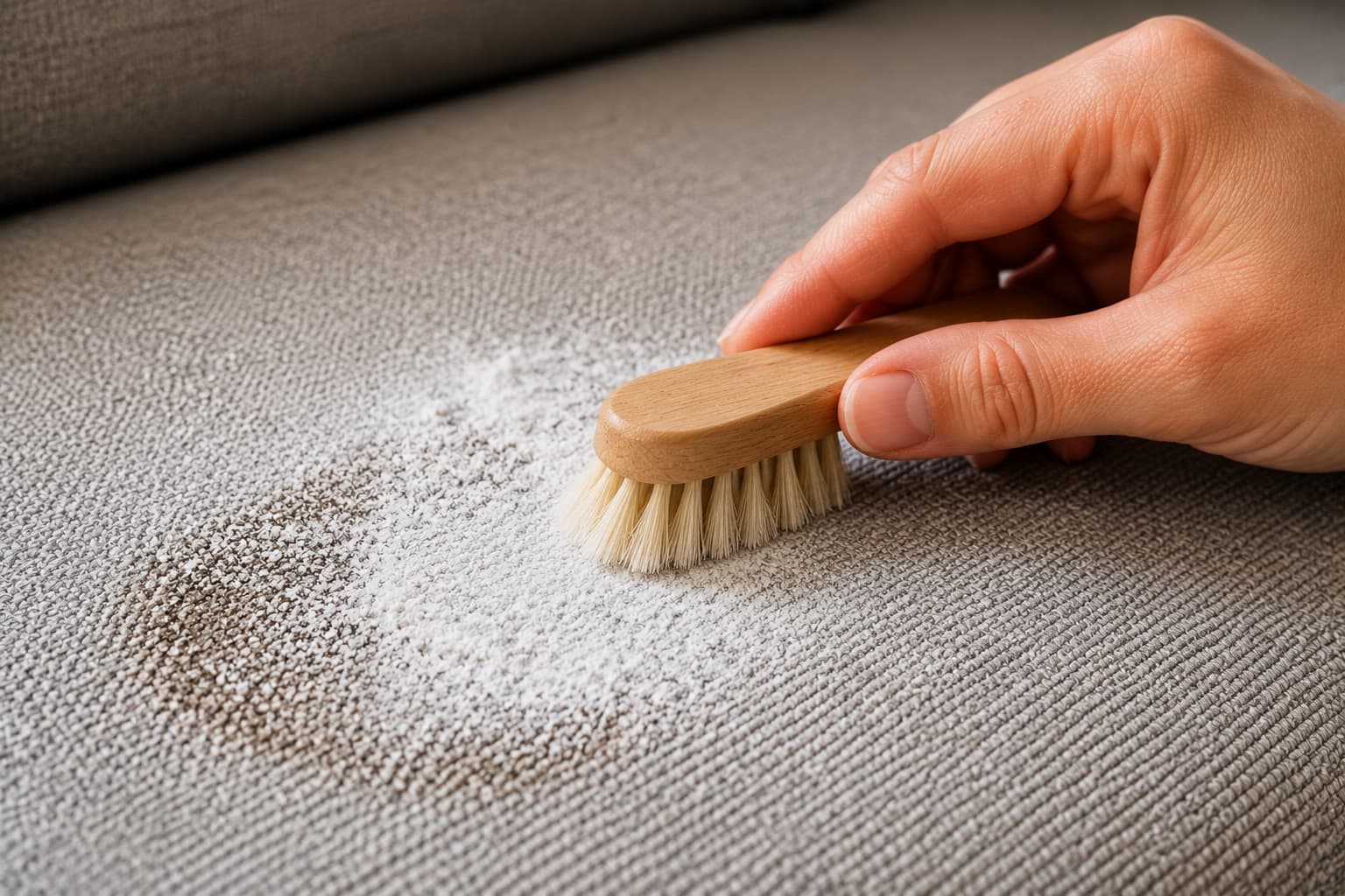 Removing an old stain from fabric upholstery by blotting with a white cloth