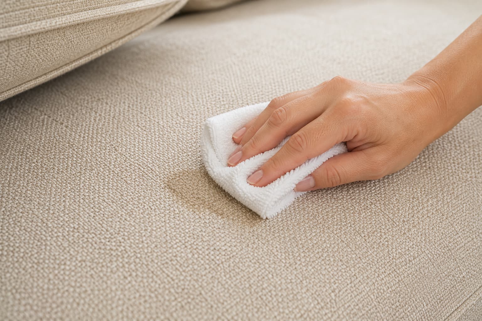 A close-up of a human hand using a damp microfiber cloth to gently blot a stain on a textured sofa.