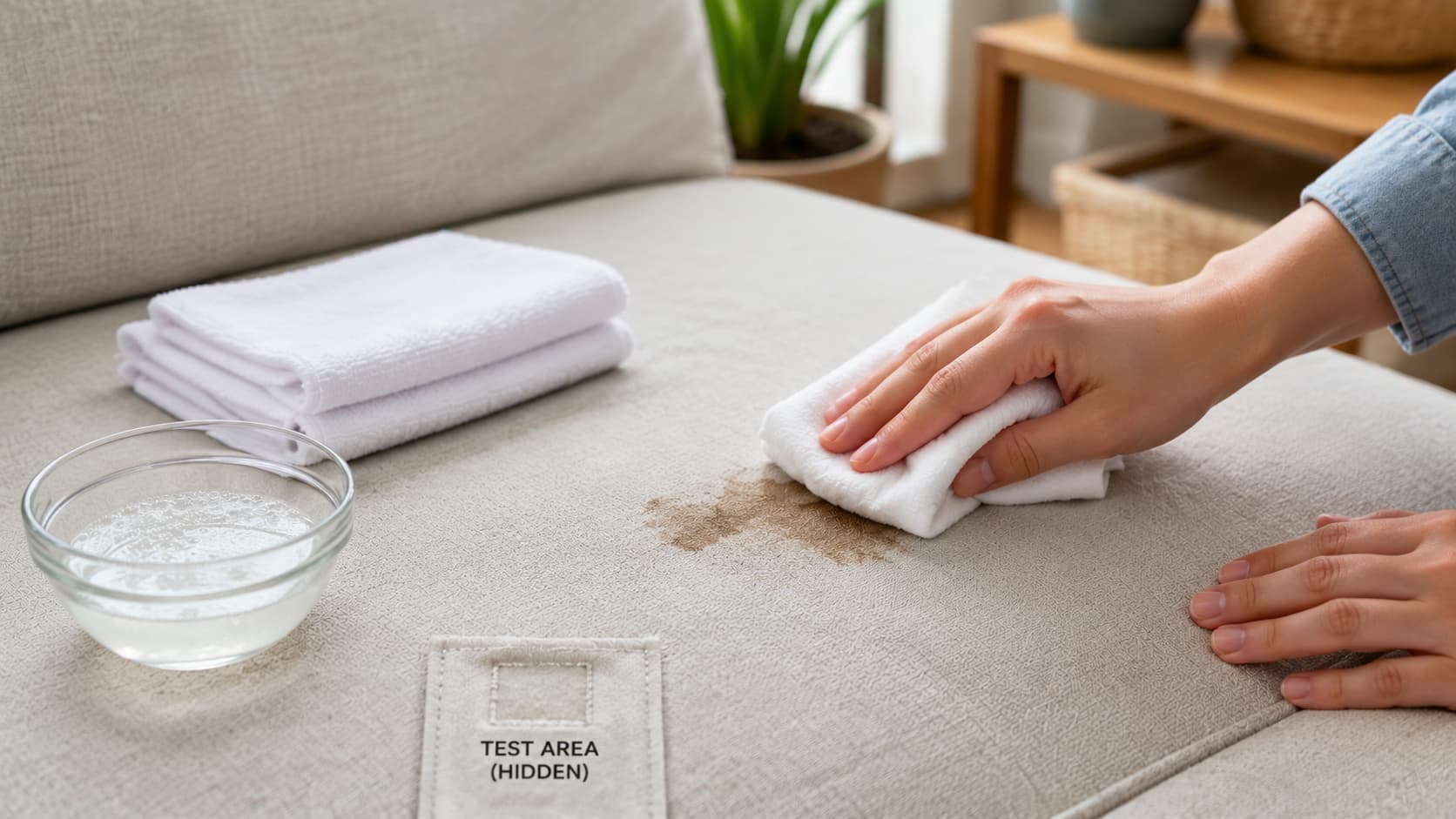 Blotting a couch stain with a clean white cloth