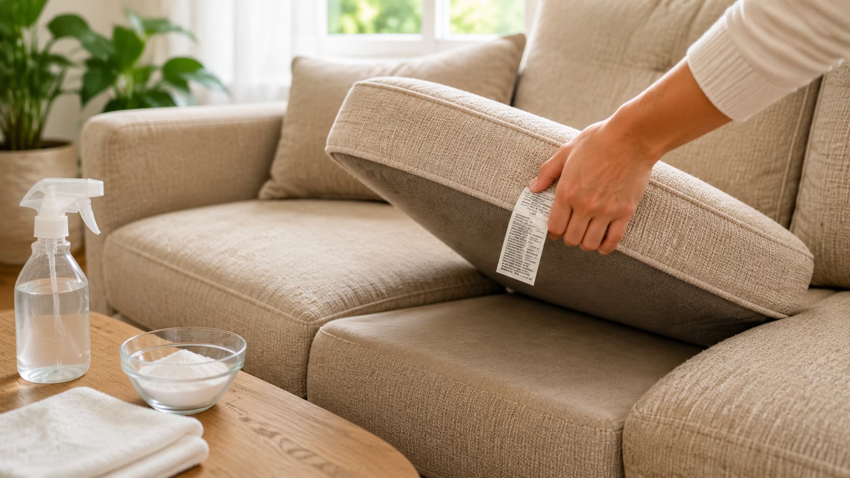 Checking the cleaning code under a fabric sofa cushion before natural cleaning
